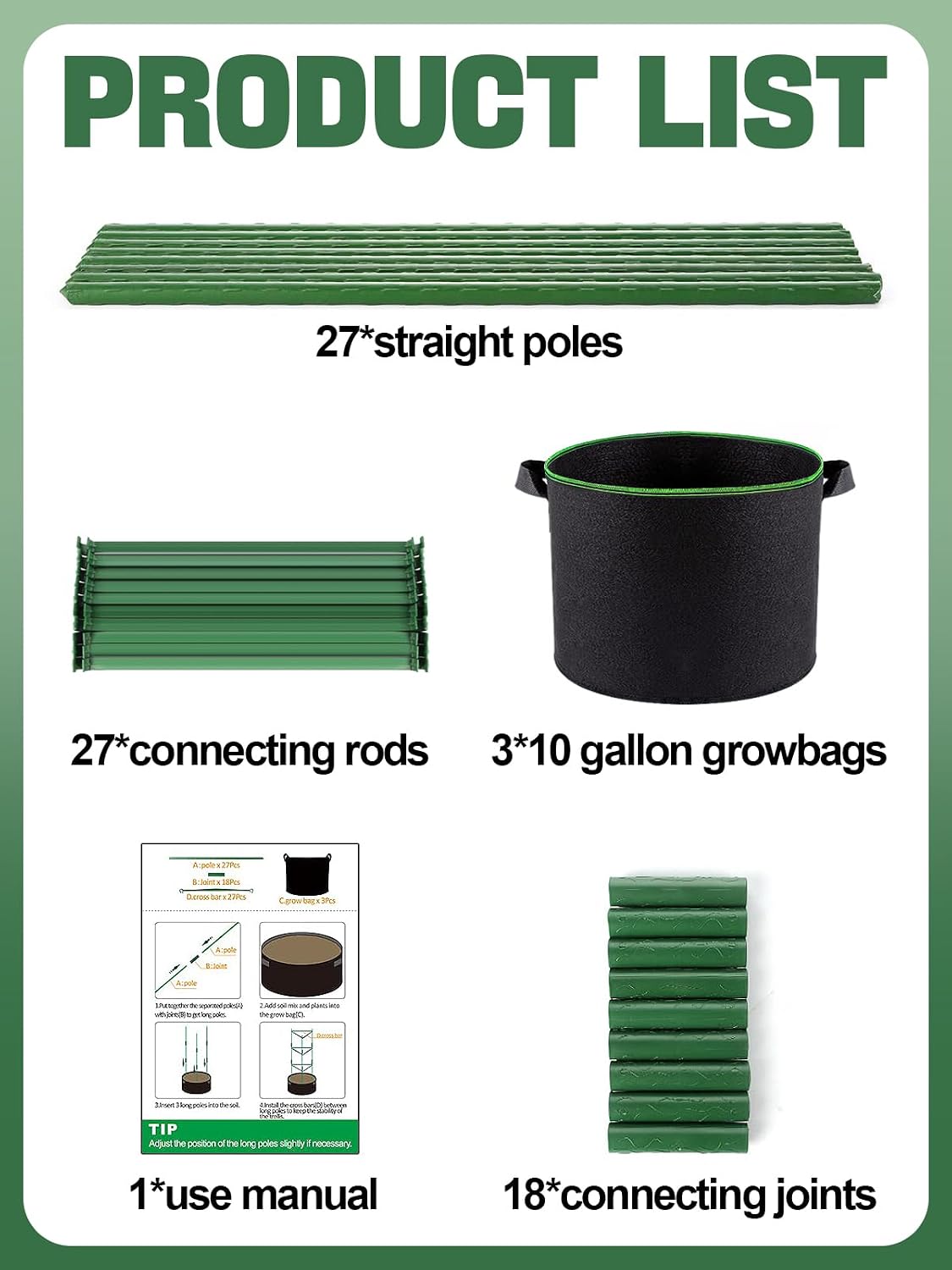 ANPHSIN Sturdy Triangle Tomato Cage with Movable 10 Gal Grow Bags, 3 Sets | 47'' Plants Garden Trellis Planters