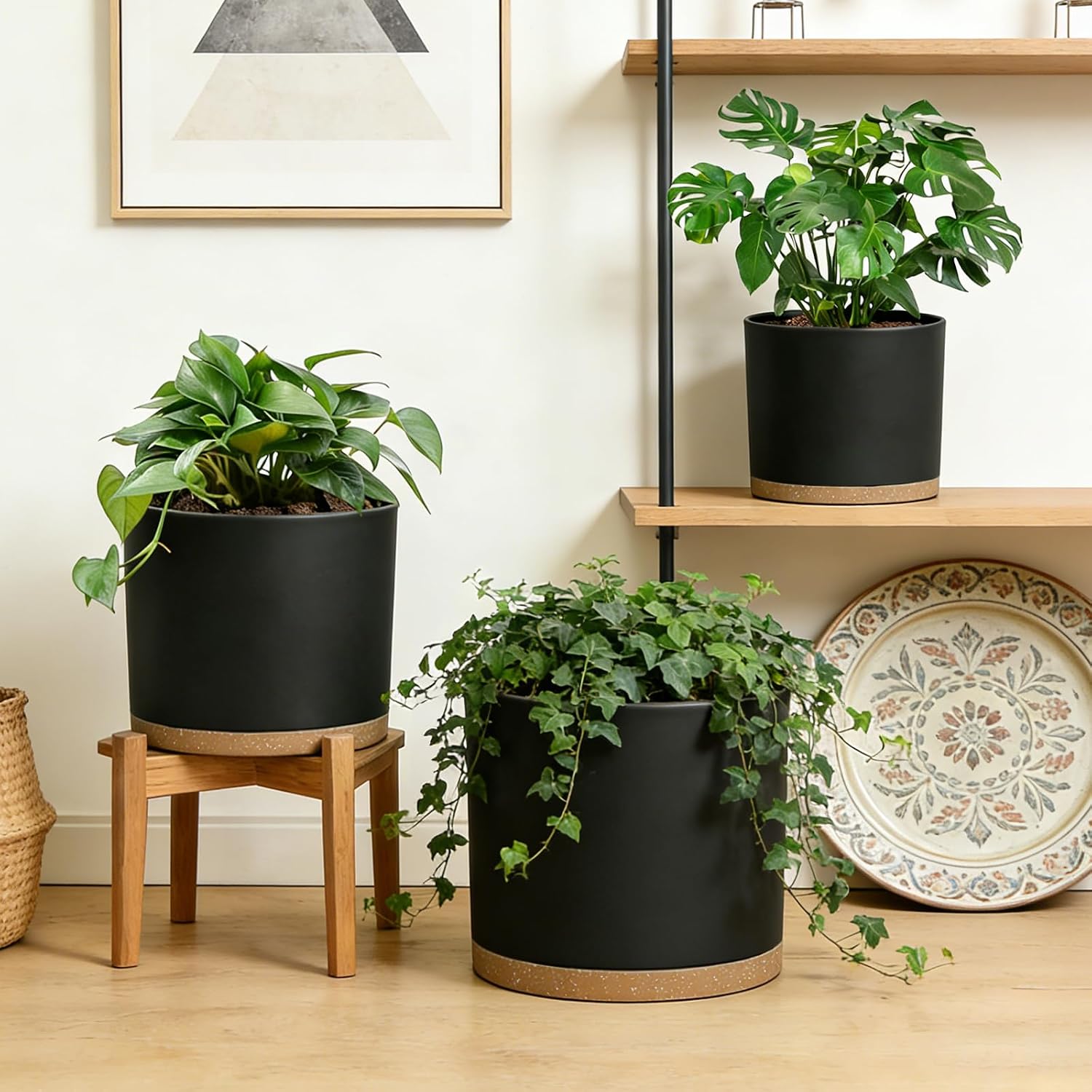 Large Plant Pots Set of 3 – 8", 9", 10" Indoor Flower Pots with Drainage Holes and Saucers, Big Planters for Monstera