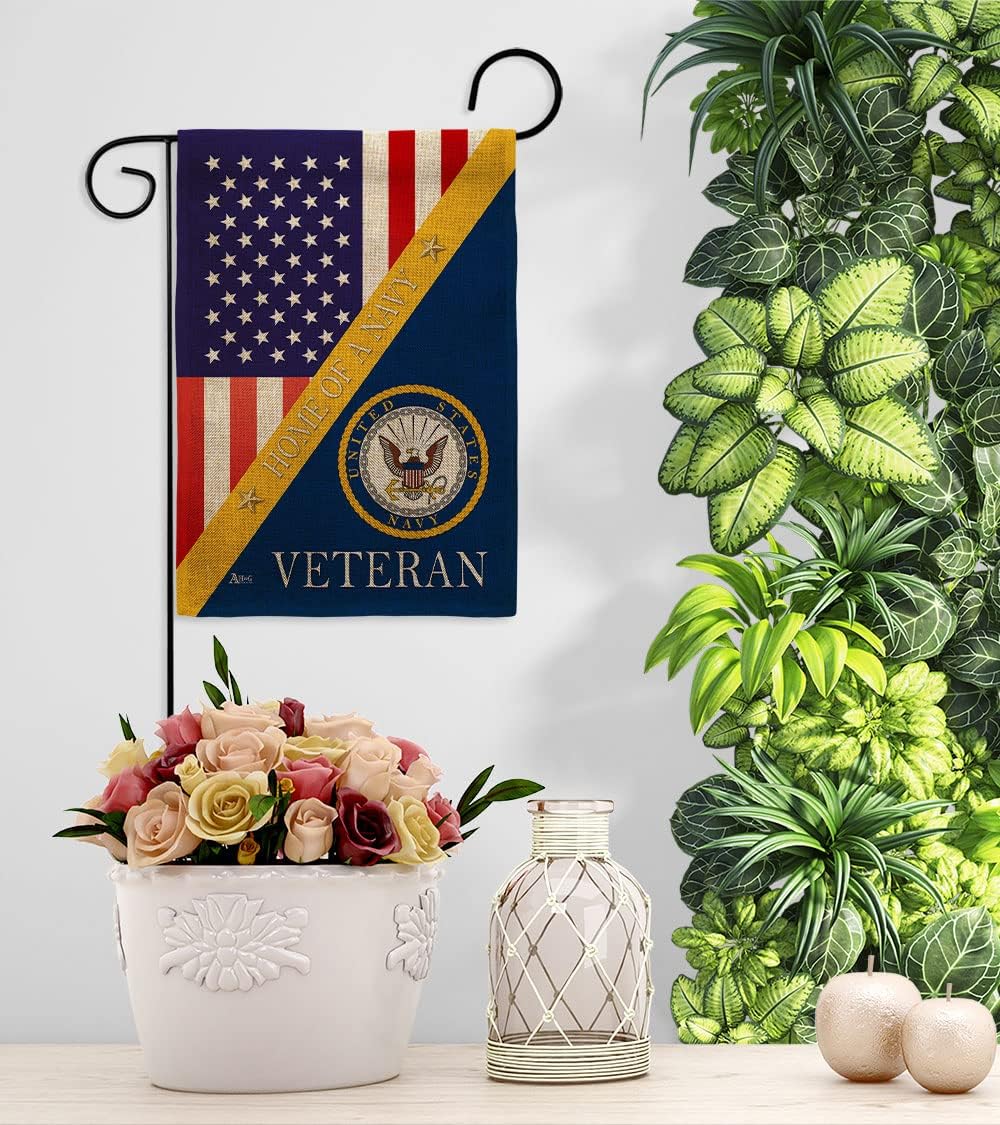 Home of Navy Burlap Garden Flag - Set with Stand Armed Forces USN Seabee United State American Military Veteran Retire