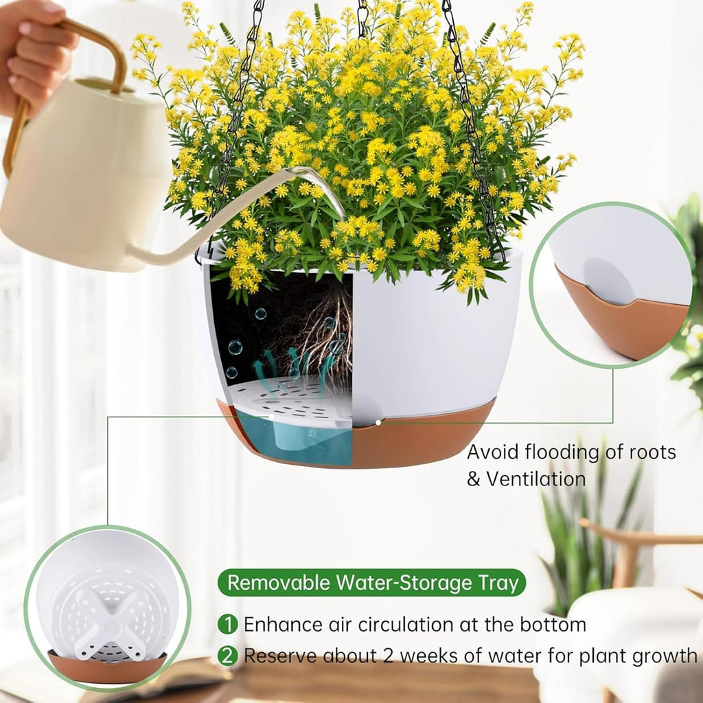 Set of 2-10 Inch Hanging Planters for Indoor Outdoor Plants | Self-Watering Hanging Flower Pots with Drainage Hole &