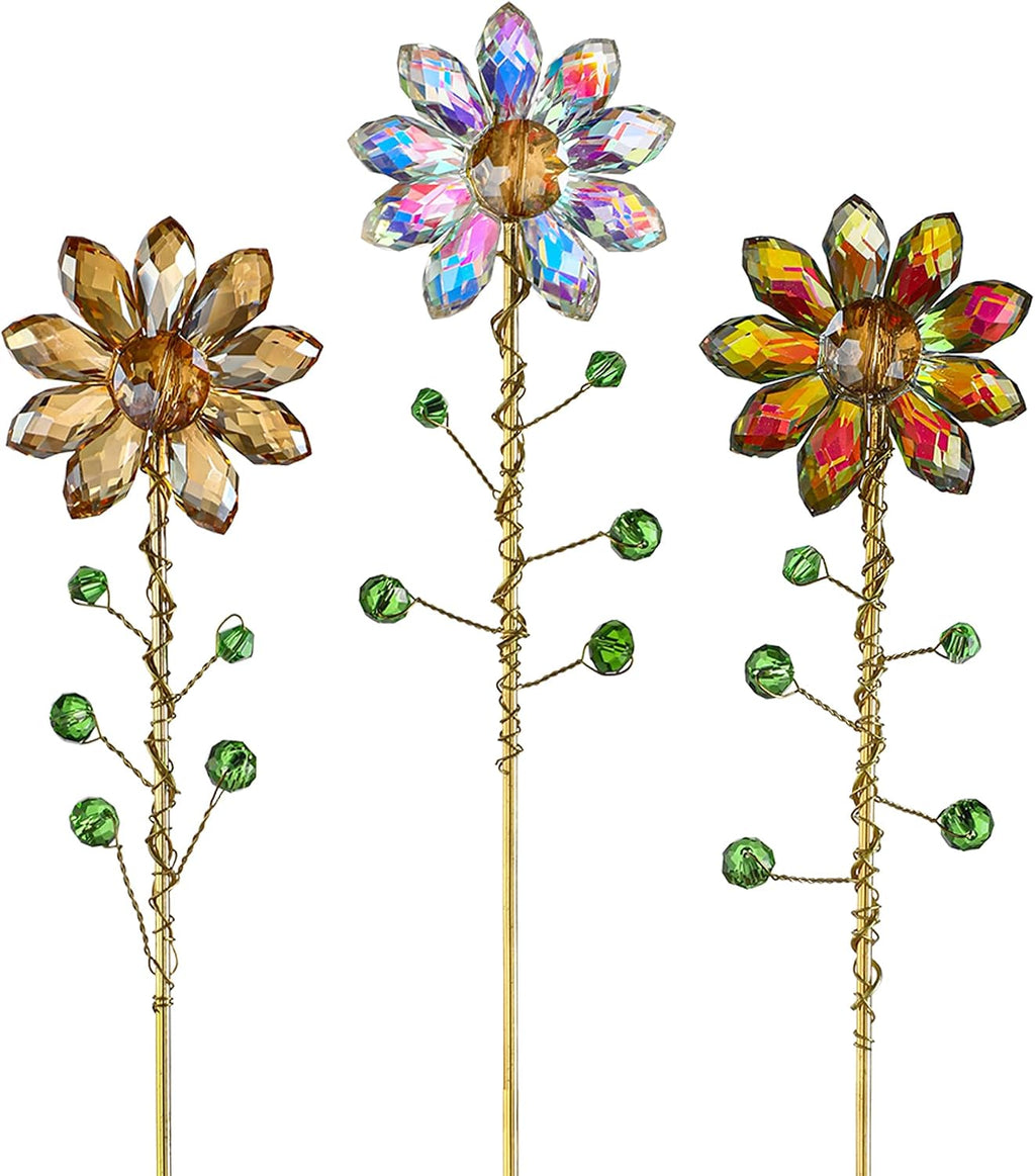 3Pcs Crystal Sunflower Suncatchers Glass Plant Suncatcher with Metal Stake