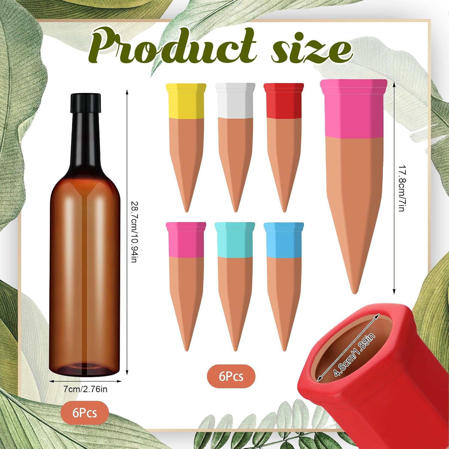 SiliFine 6 Sets Terracotta Watering Spikes,Brown and Mixed Color | 26 oz Bottles for Slow Release Watering, Self