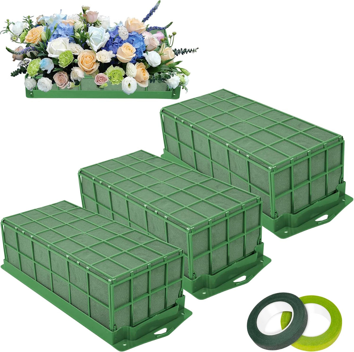 3PCS Floral Foam Cage, Flower Cage Holder, Dry and Wet Rectangle Flower Arrangement, Hangable Green Blocks Floral Foam Cages for Artificial Flesh Flower Wedding Holiday, Home, Garden Party Decoration