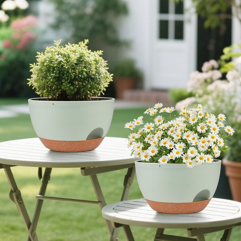 Vanslogreen Plant Pots 12inch Self Watering Pots, Set of 2 Plastic Planters with Drainage Holes and Saucers, Flower
