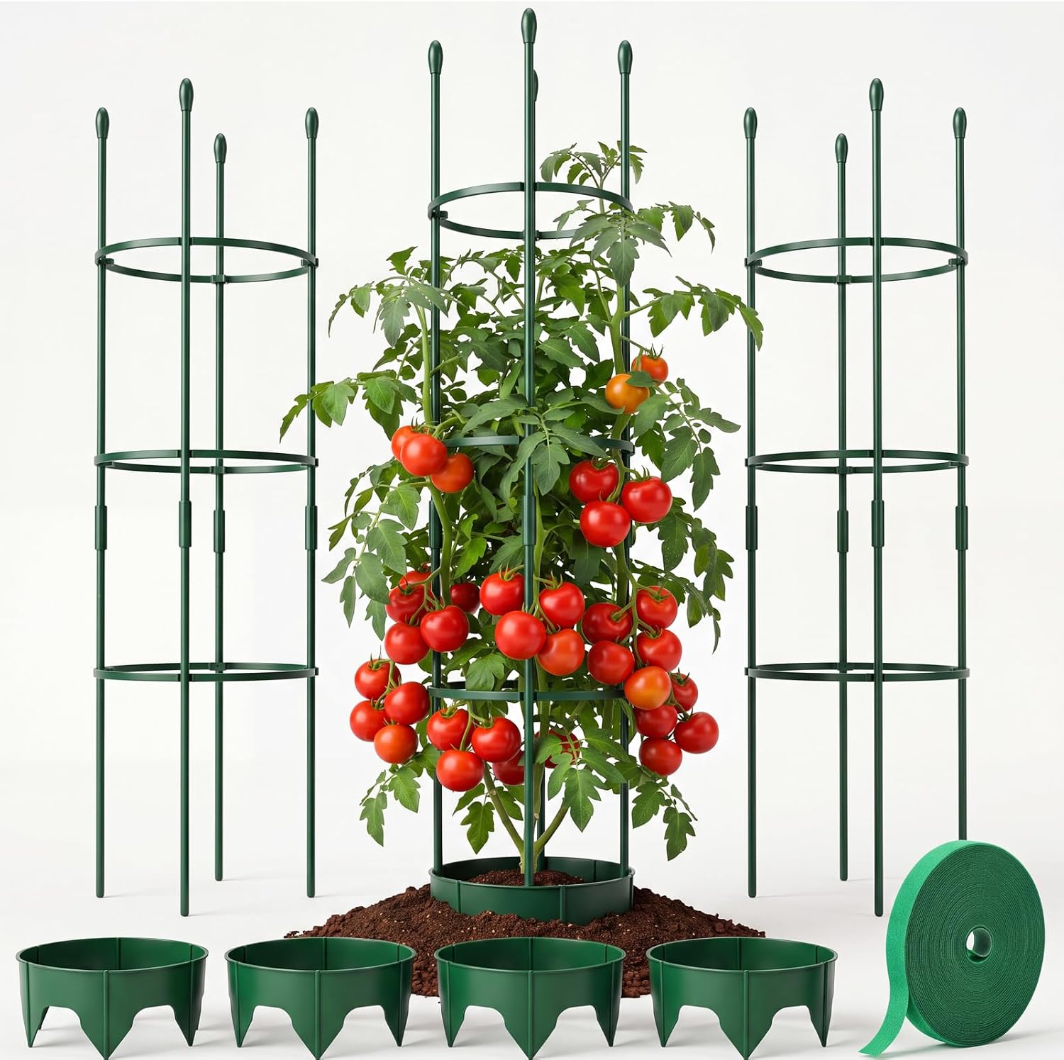 19pcs 59" Round Heavy Duty Tomato Cage Adjustable Plant Trellis | 3 Size Planting Grow Rings, Plant Binding Tape