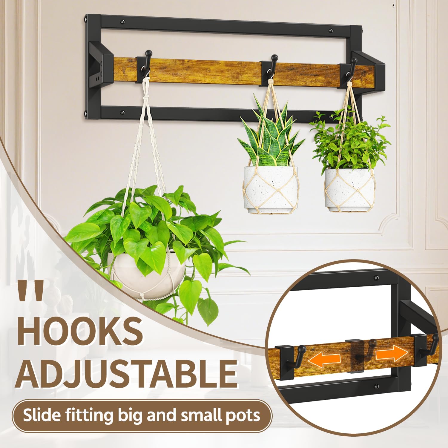 LASZOLA Plant Hanger Holder Shelf Indoor Window Wall Mount, 2 Pack Brown | Plant Hanging Rod with 6 Heavy Duty Hanging