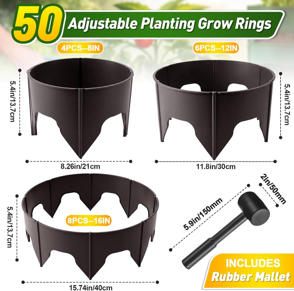 50 Pcs Planting Grow Rings, Diameter Range 8.2-15.7 Inches, Adjustable Interlocking Plant Support Rings with Mallet