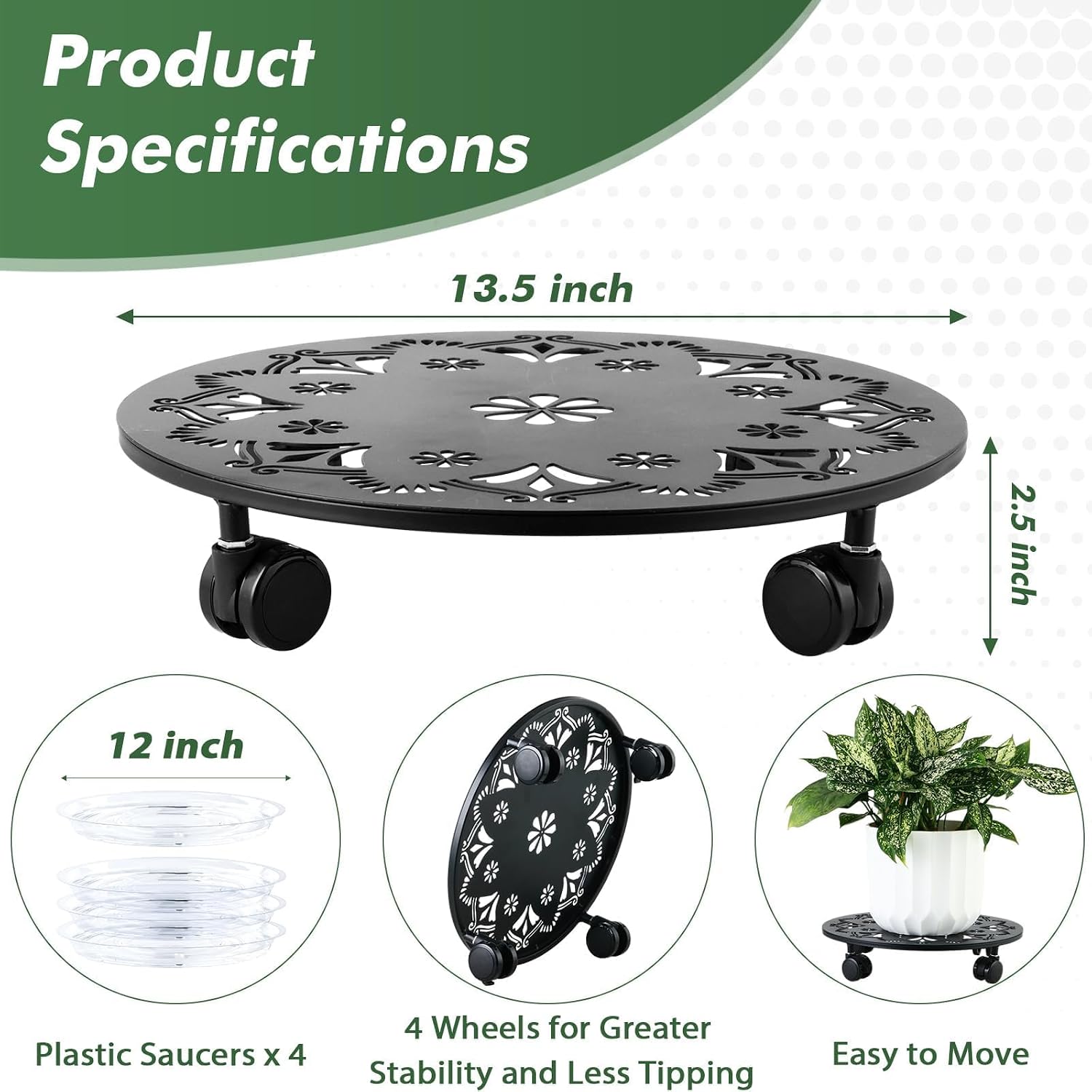 4 Pack Rolling Plant Caddy with Wheels 14 Inch, Plant Rollers with Wheels Metal Plant Caddy with Wheels Heavy Duty