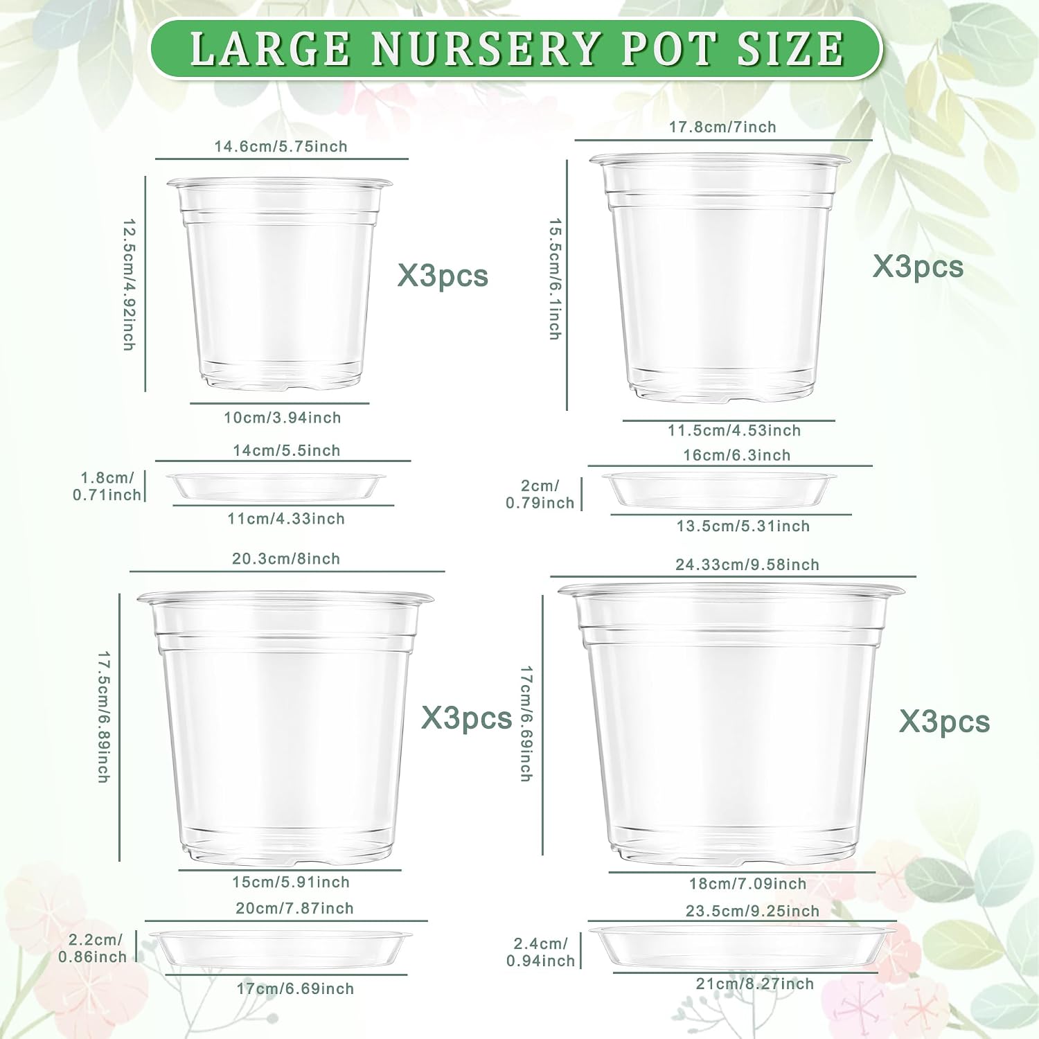 12PCS 5.75/7/8/10 in Clear Nursery Pots with Drainage Plant Pots | For Plants Seedling Flower Vegetables Orchids