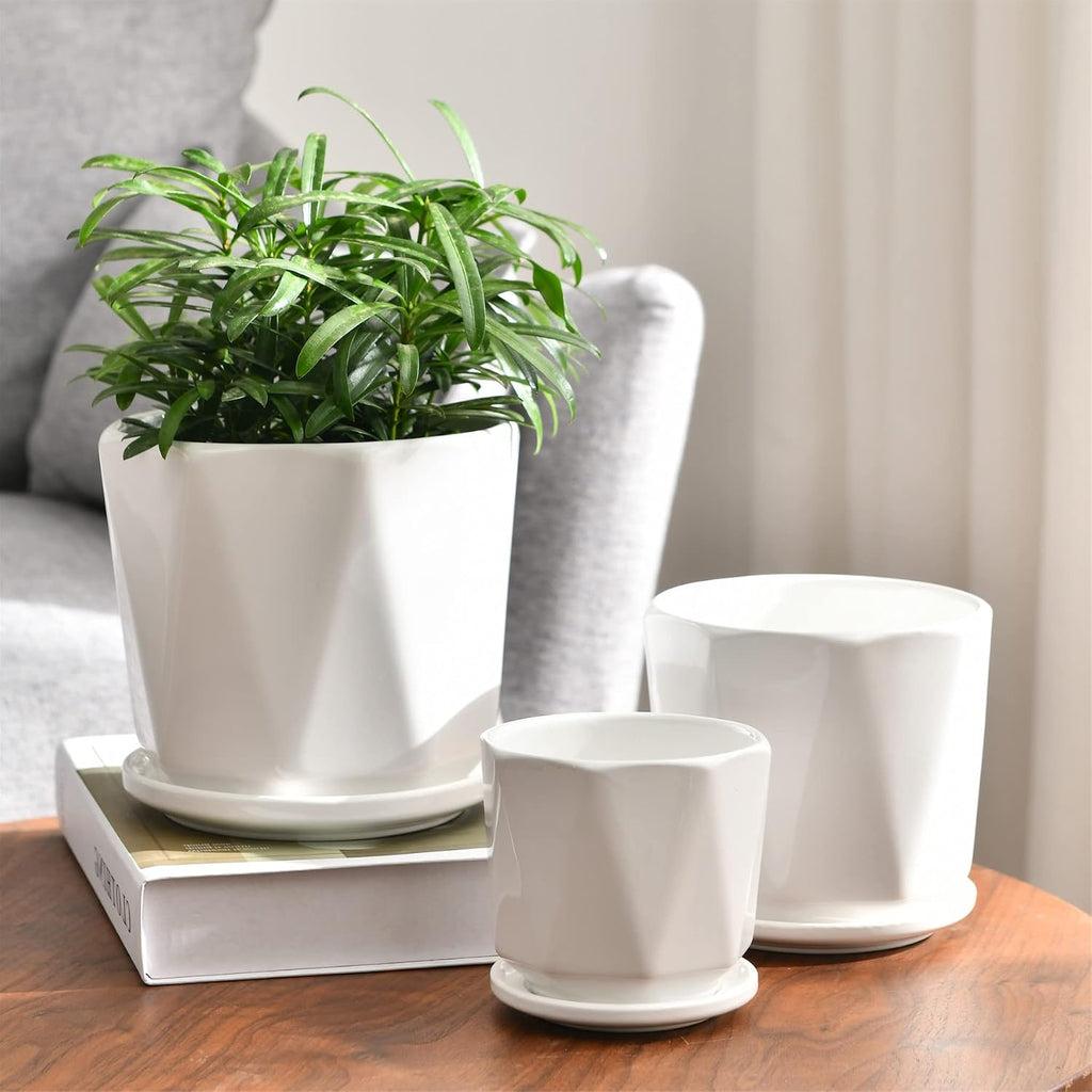 White Ceramic Planter Set of 3 with Drainage and Saucer, Indoor Plant Pots | Modern Geometric Flower Pots (6.5/5.5/4.5