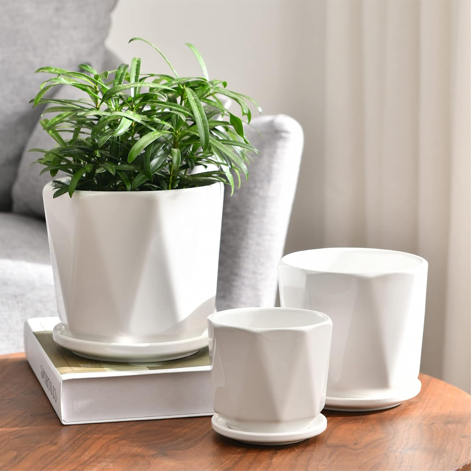 White Ceramic Planter Set of 3 with Drainage and Saucer, Indoor Plant Pots | Modern Geometric Flower Pots (6.5/5.5/4.5