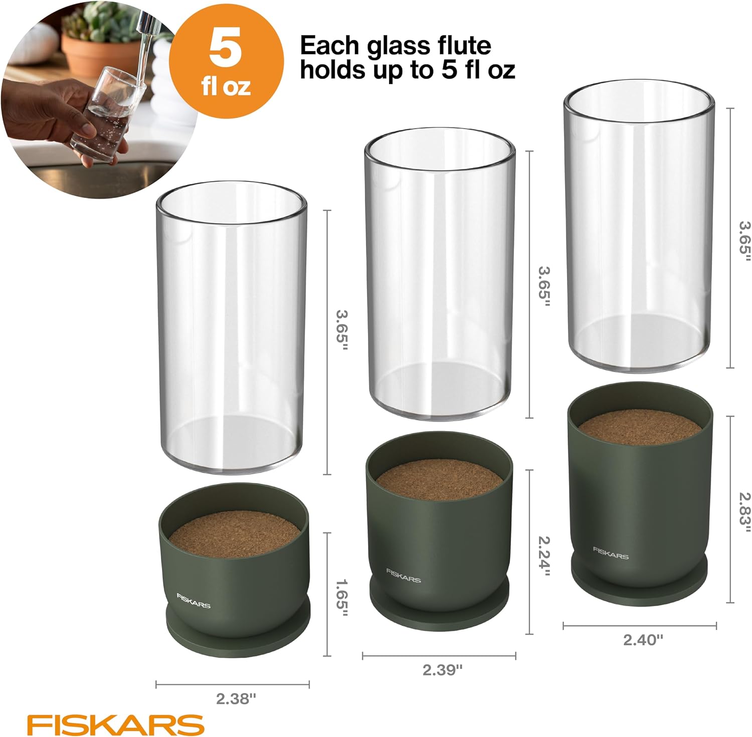 Fiskars Plant Propagation Set, Glass Vase Hydroponic Growing System, 3-Pack | Metal Stands for Root Cuttings