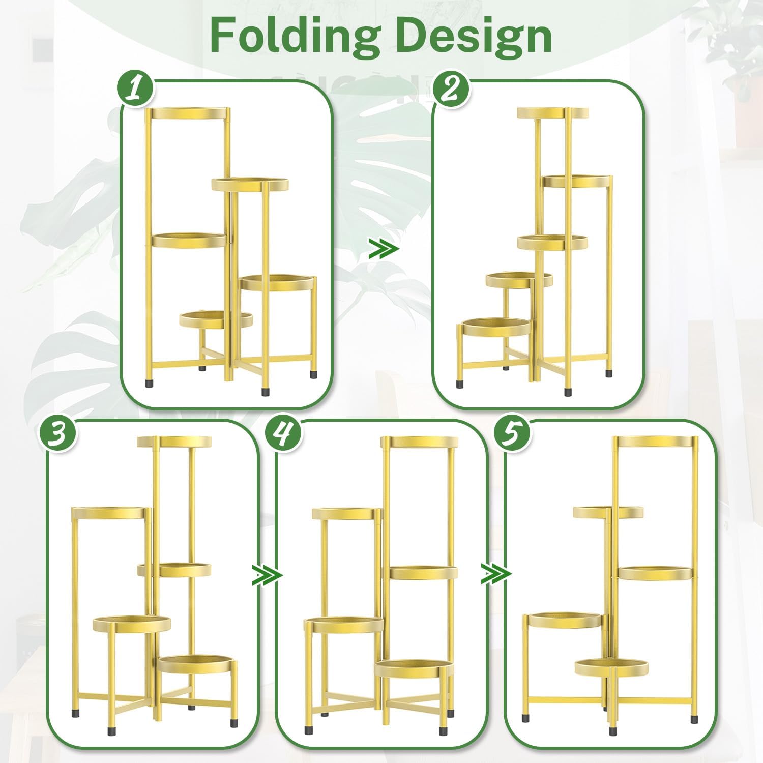 iDavosic.ly Plant Stand Indoor Outdoor, 5 Tier Metal Corner Shelf, Gold | Tiered Flower Display Holder, Folding Multi