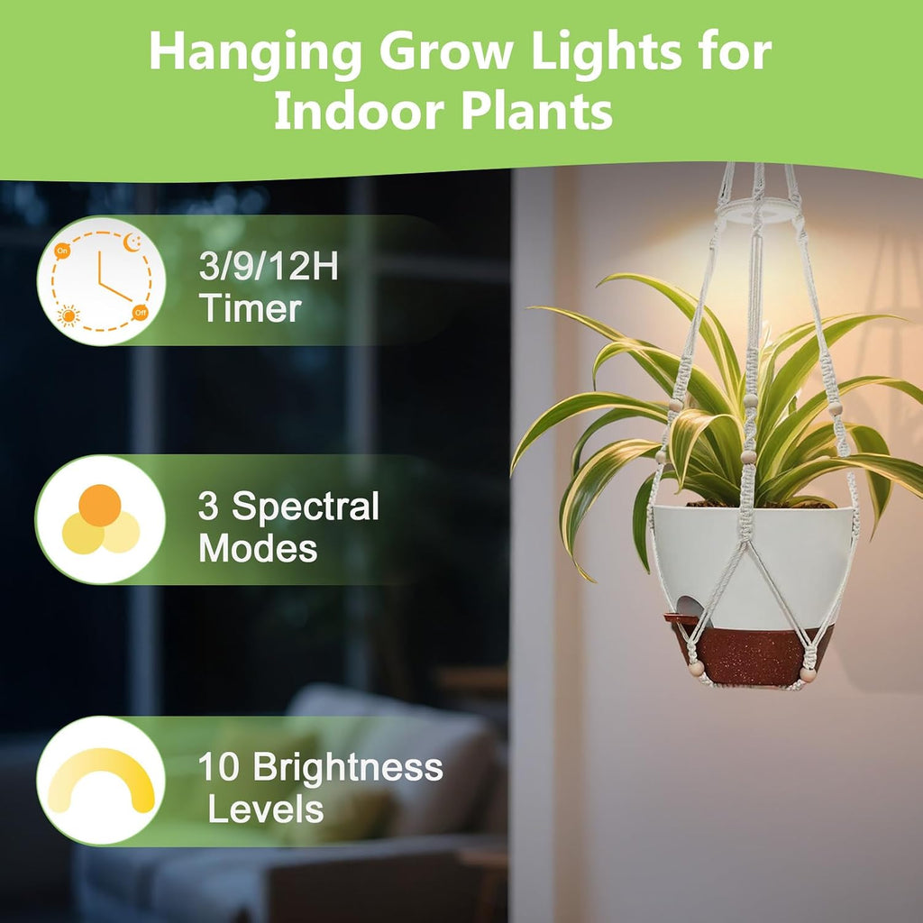 2 Pack Self Watering Hanging Planters with Grow Light for Indoor Plants | 10 Brightness, 3 Light Modes, 3/9/12H Timer