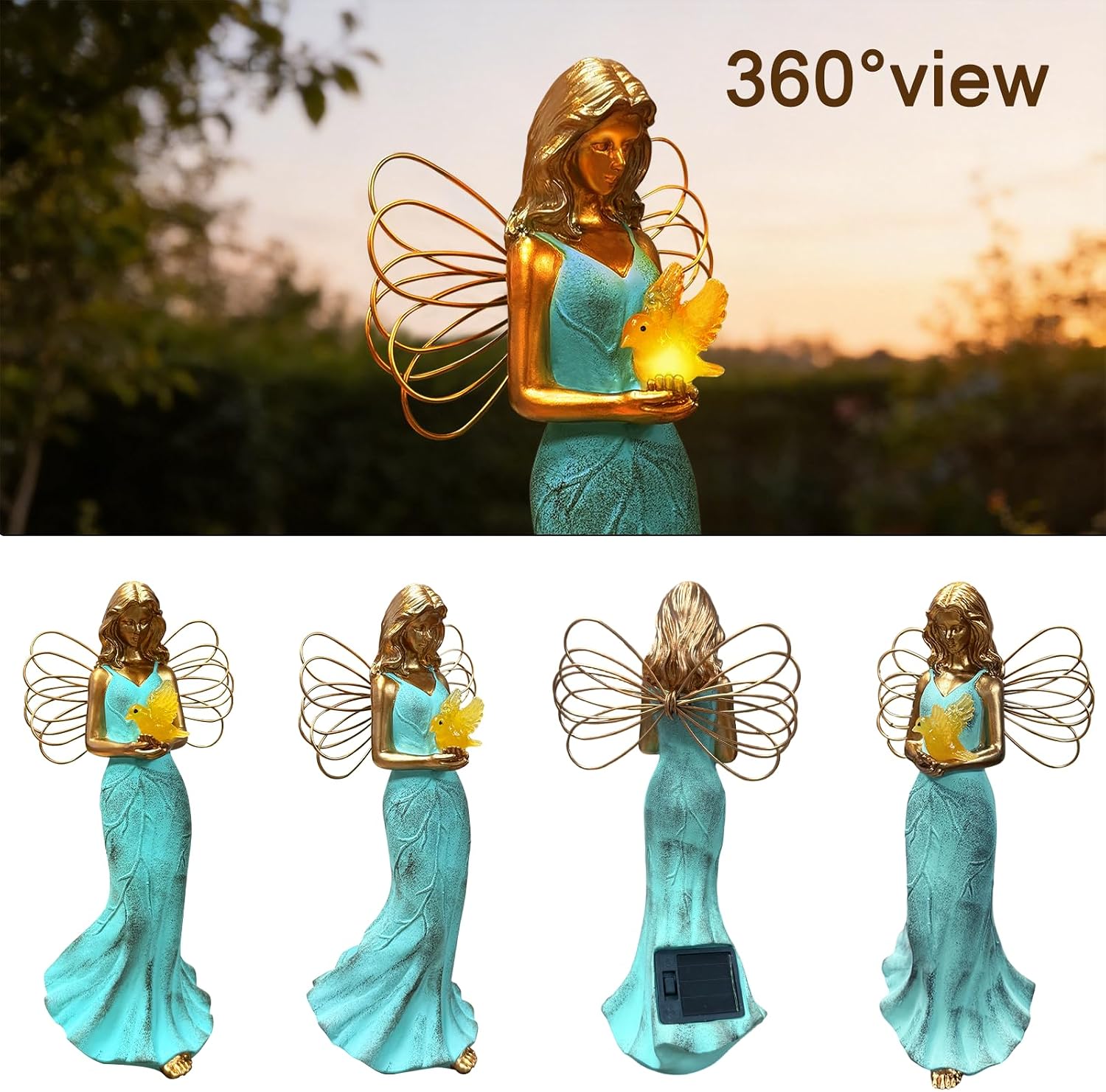 Solar Fairy Garden Statue Decor - Leaf Angel Girls with Hummingbird Figurines Lights Resin Collection Home Decoration