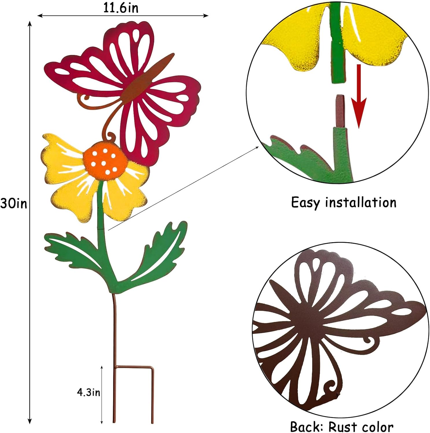 3-Pack Metal Flowers for Outside, 30-Inch Metal Yard Art | Decorative garden stakes with flower and butterfly designs;