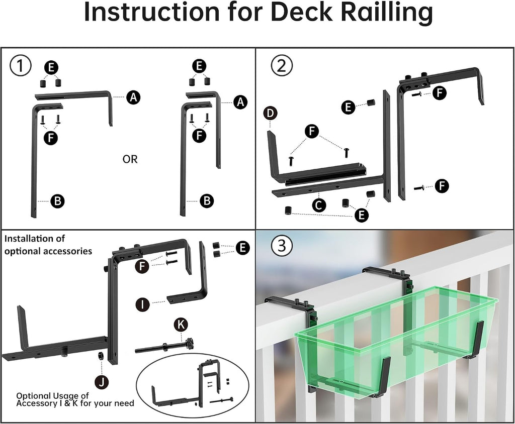 Y&M 6 Pcs Deck Railing Adjustable Planter Box Brackets (6 to 12.5 in), Universal Heavy Duty Iron Flower Box Brackets
