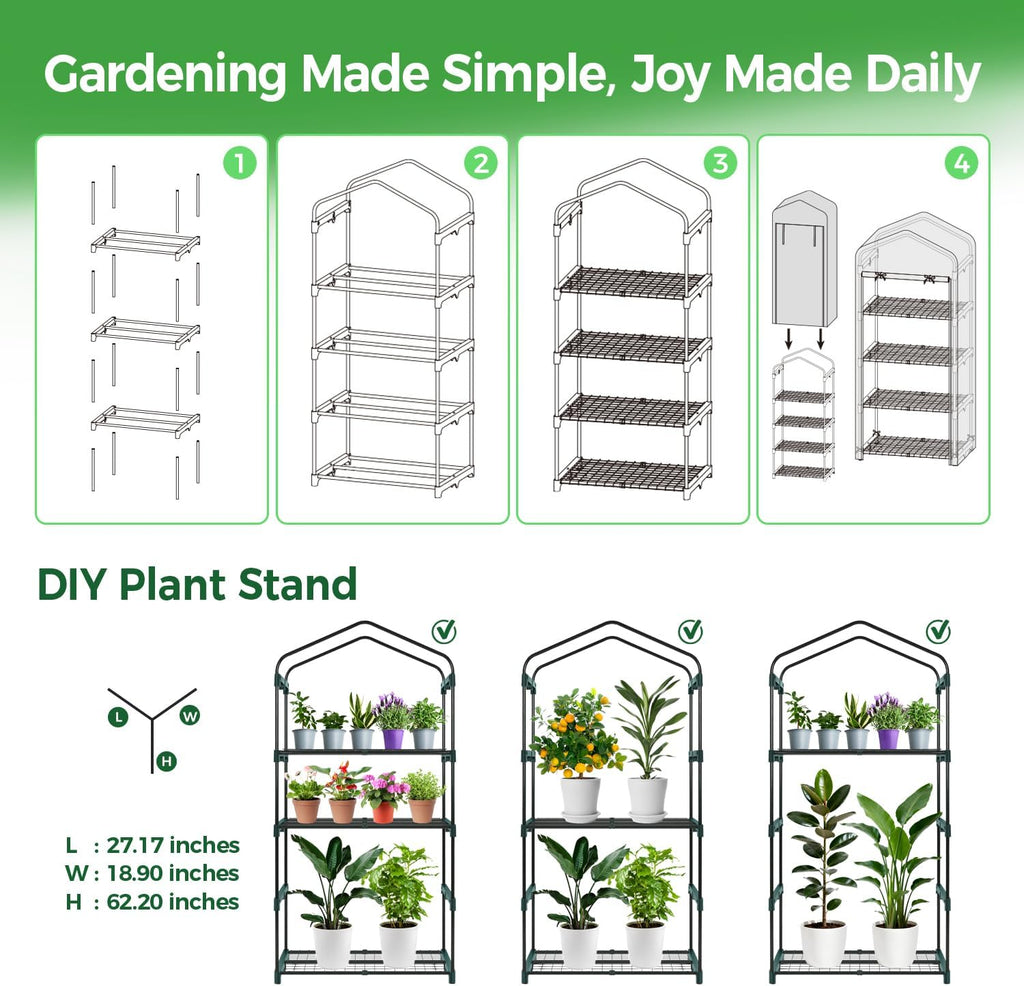Ohuhu Mini Greenhouse for Indoor Outdoor, 27 x 19 x 62-Inch Small Plant Green House 4-Tier Rack Stand Portable