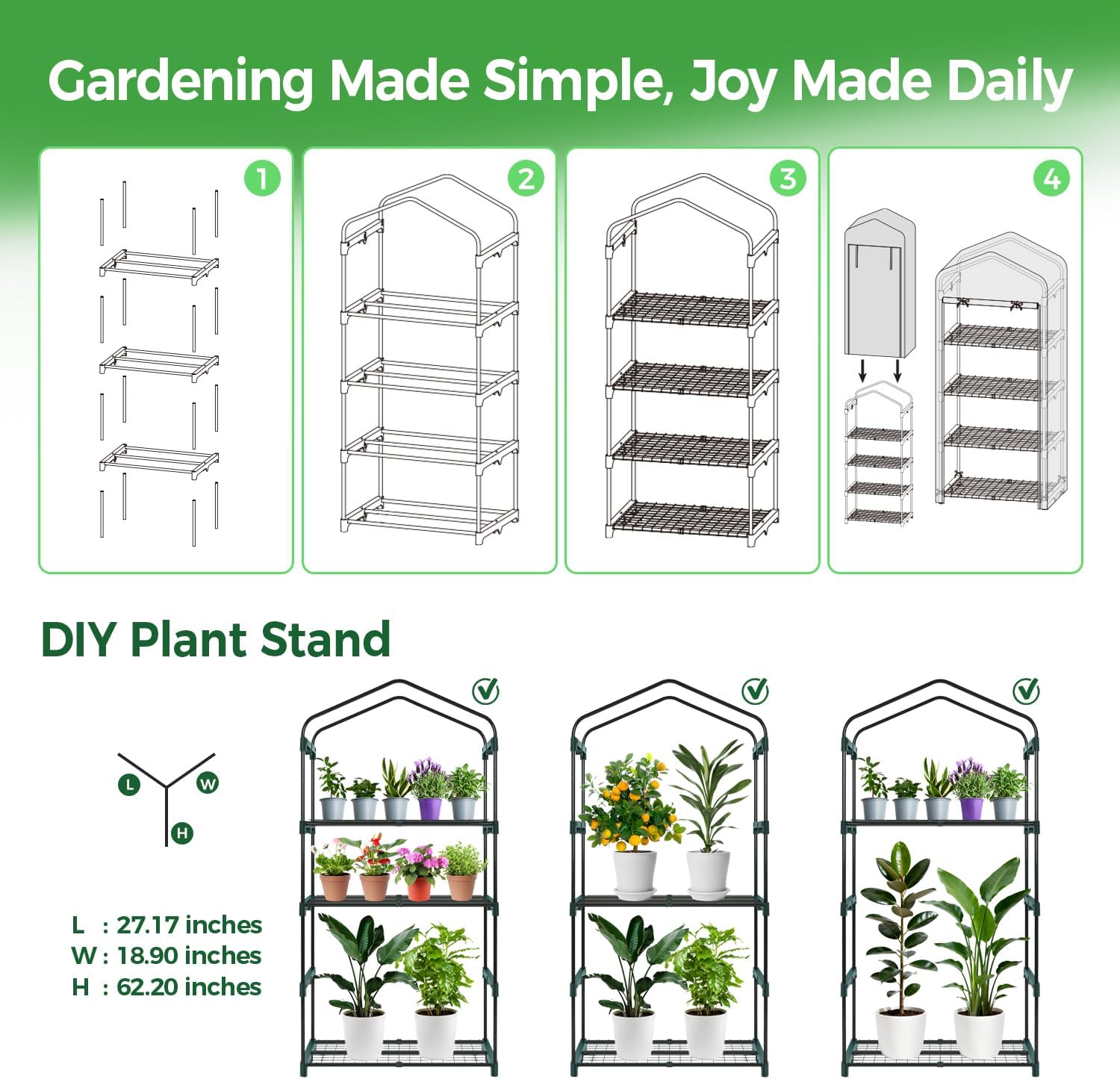 Ohuhu Mini Greenhouse for Indoor Outdoor, 27 x 19 x 62-Inch Small Plant Green House 4-Tier Rack Stand Portable