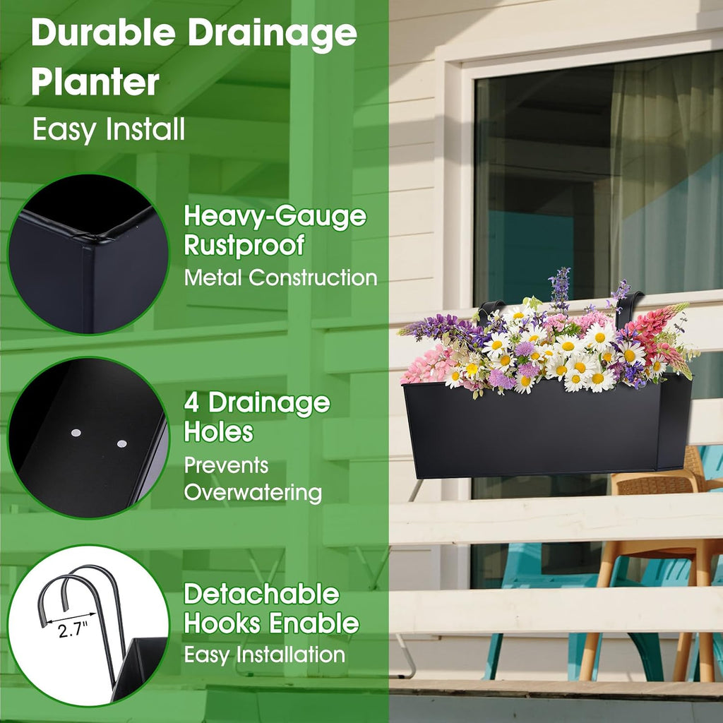 16“ Large Hanging Planters for Outdoor Plants, Railing Planter Box, 3 Pack | Balcony Planters with Detachable Wide