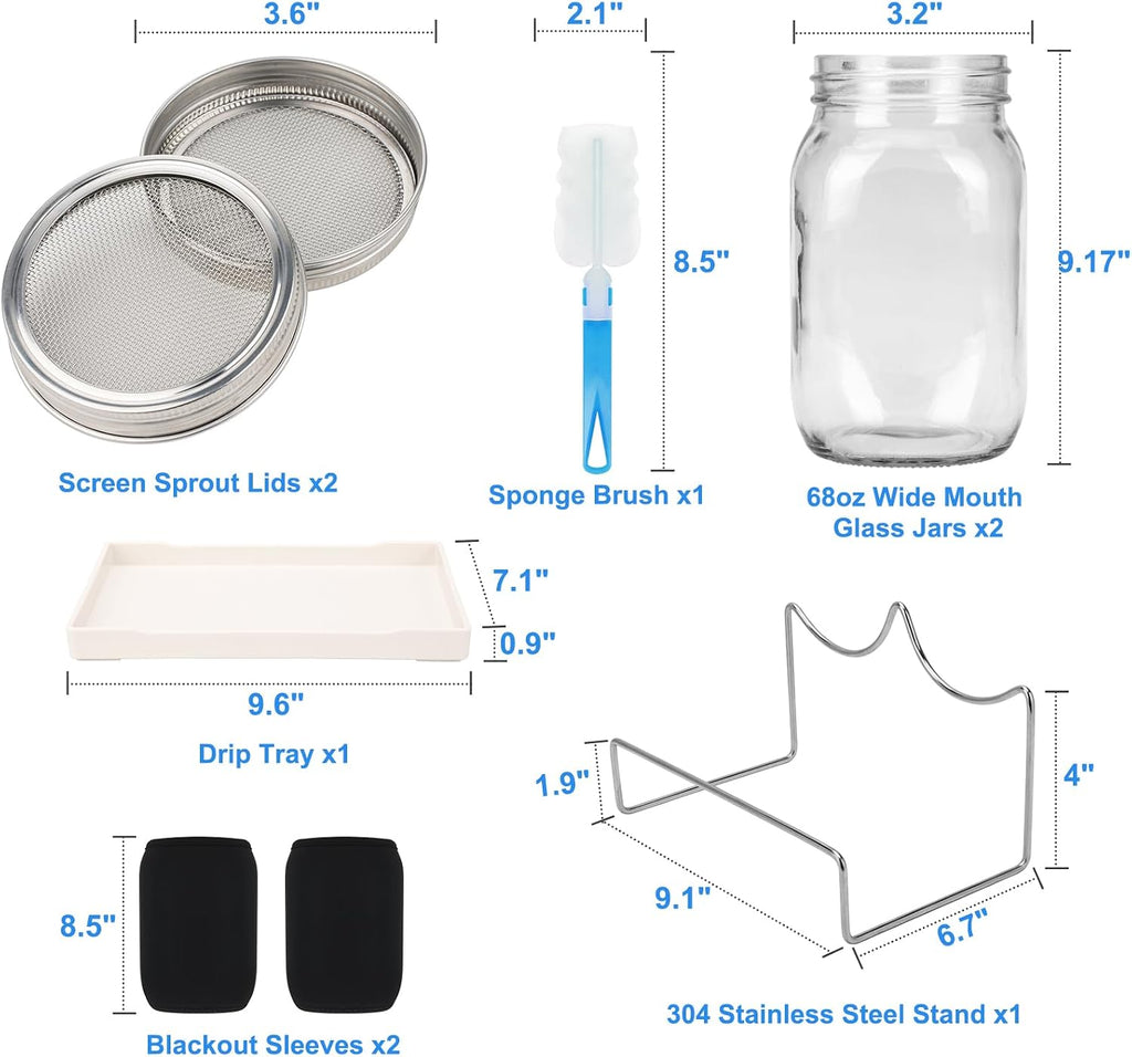  [Large Size] 68oz Sprouting Kit, 2 Sprouting Jar Kits, Wide Mouth Jars with Stainless Steel Screen Sprout Lid, 2000ml