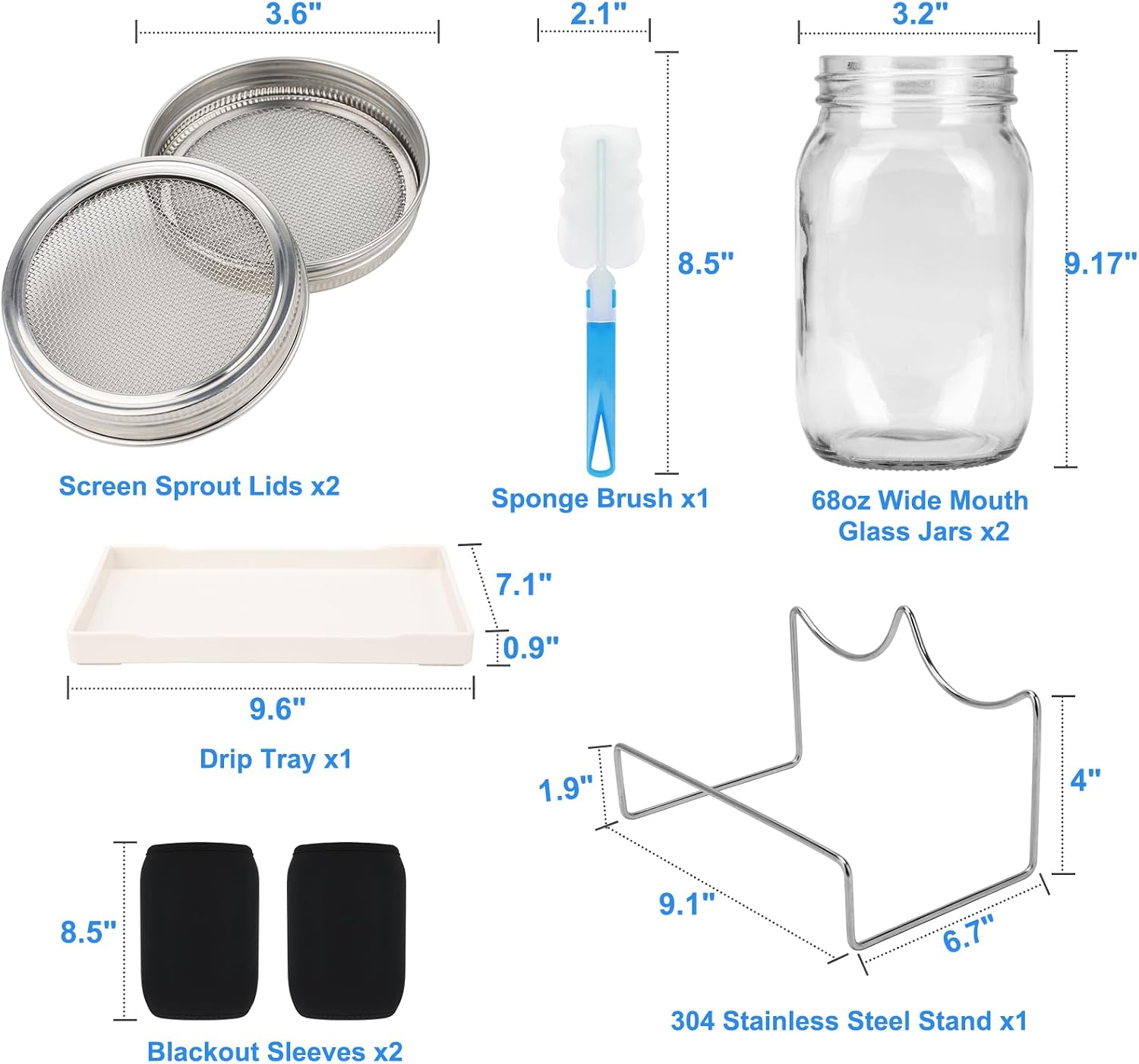  [Large Size] 68oz Sprouting Kit, 2 Sprouting Jar Kits, Wide Mouth Jars with Stainless Steel Screen Sprout Lid, 2000ml