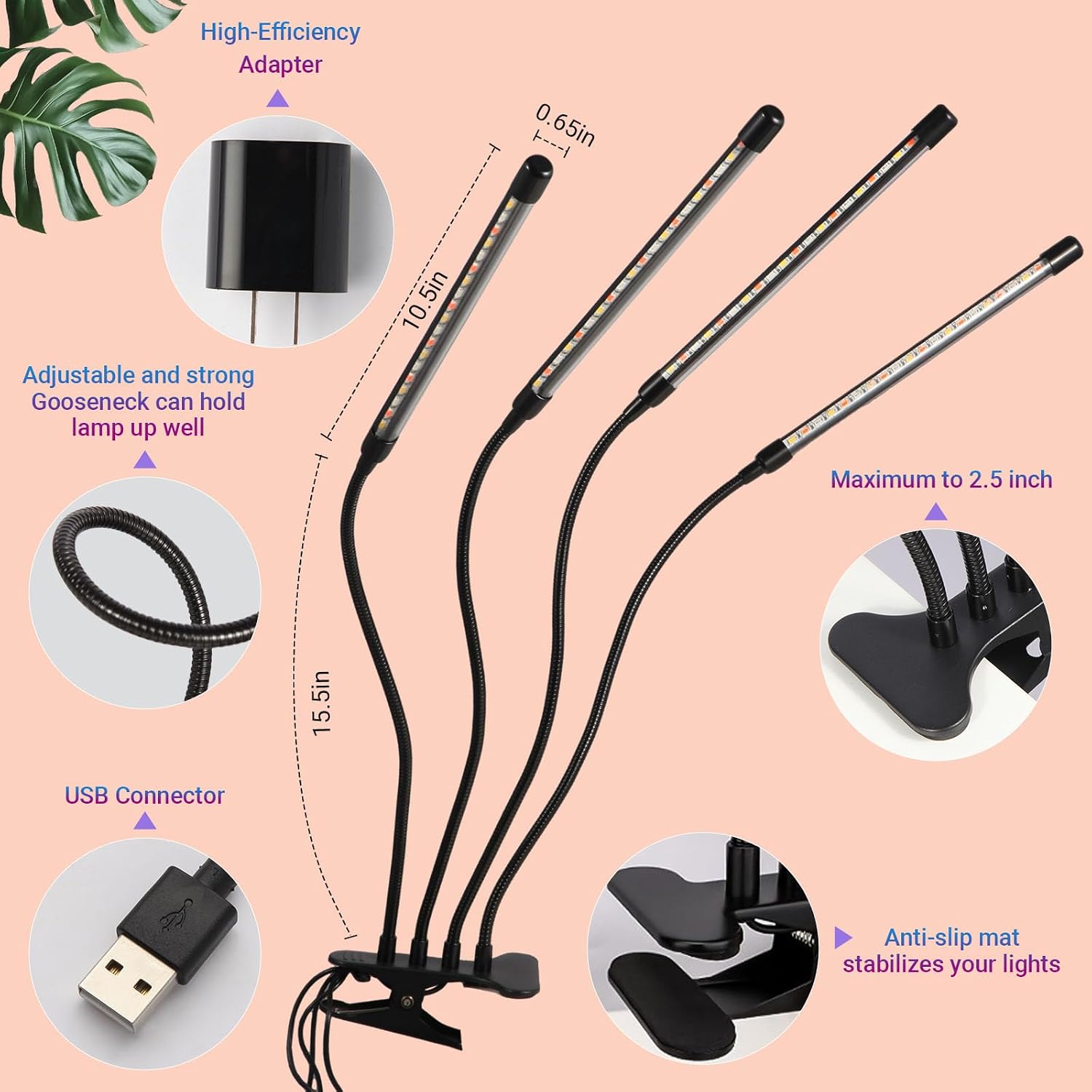 Grow Lights for Indoor Plants,80 LED Plant Lights with Full Spectrum & Red Blue Spectrum, 10 Dimmable Level, 3/9/12H