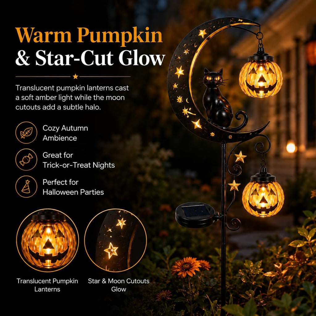 Solar Halloween Black Cat Pumpkin Moon Garden Stake Light for Outdoor Decor | Outdoor Waterproof LED Pumpkin Lights