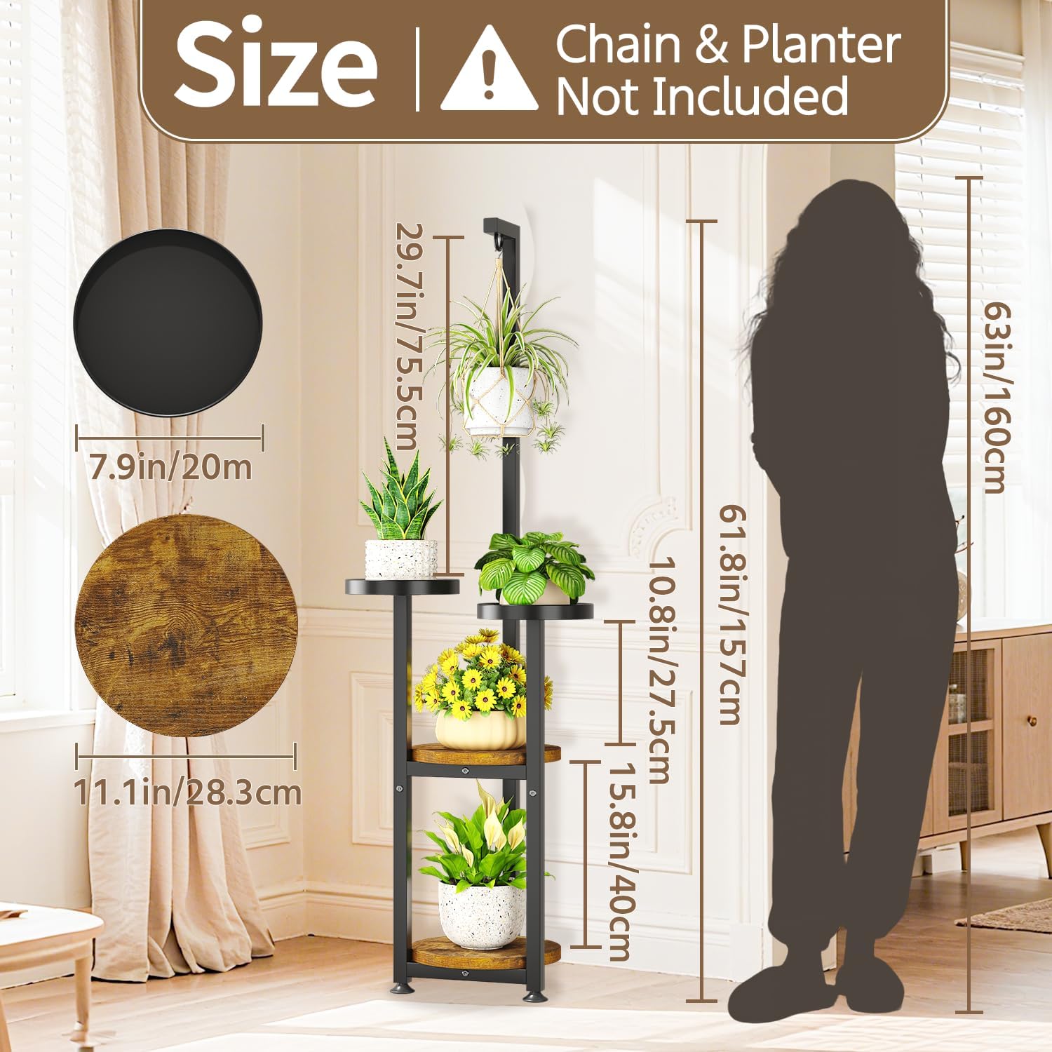 LASZOLA Hanging Plant Stand Holder Indoor Outdoor Tall, 4 Tier Black | Large Heavy Duty Metal Vertical Corner Hanger