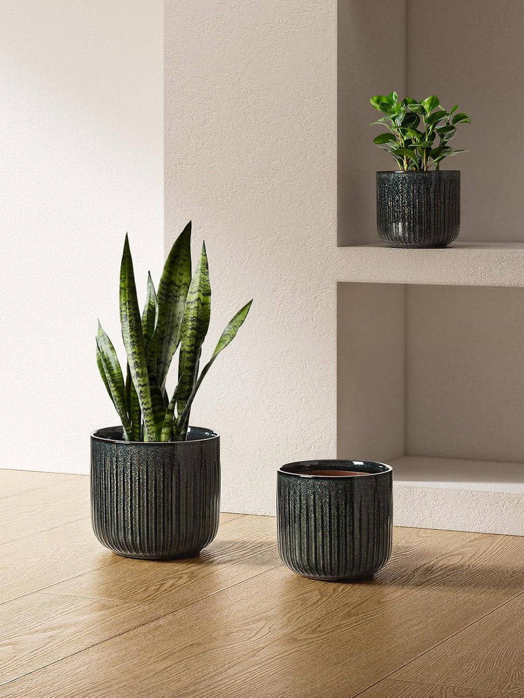 LE TAUCI Ceramic Pots for Plants, 8.3/7/6 Inch Indoor Planters with Drainage Holes & Mesh, Modern Glossy Glaze Cylinder