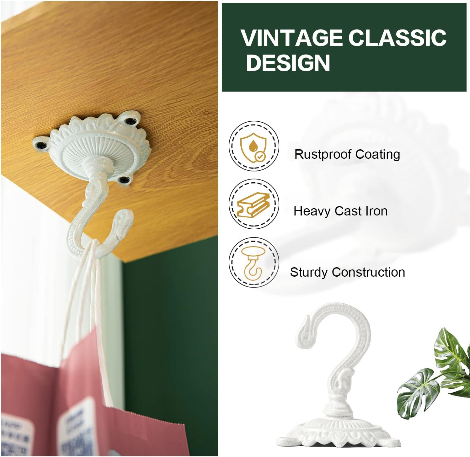 Sungmor Heavy Duty Ceiling Hooks for Hanging Plants, 3PC White 3.5x3.9Inch Large Cast Iron Ceiling Hooks, Antique