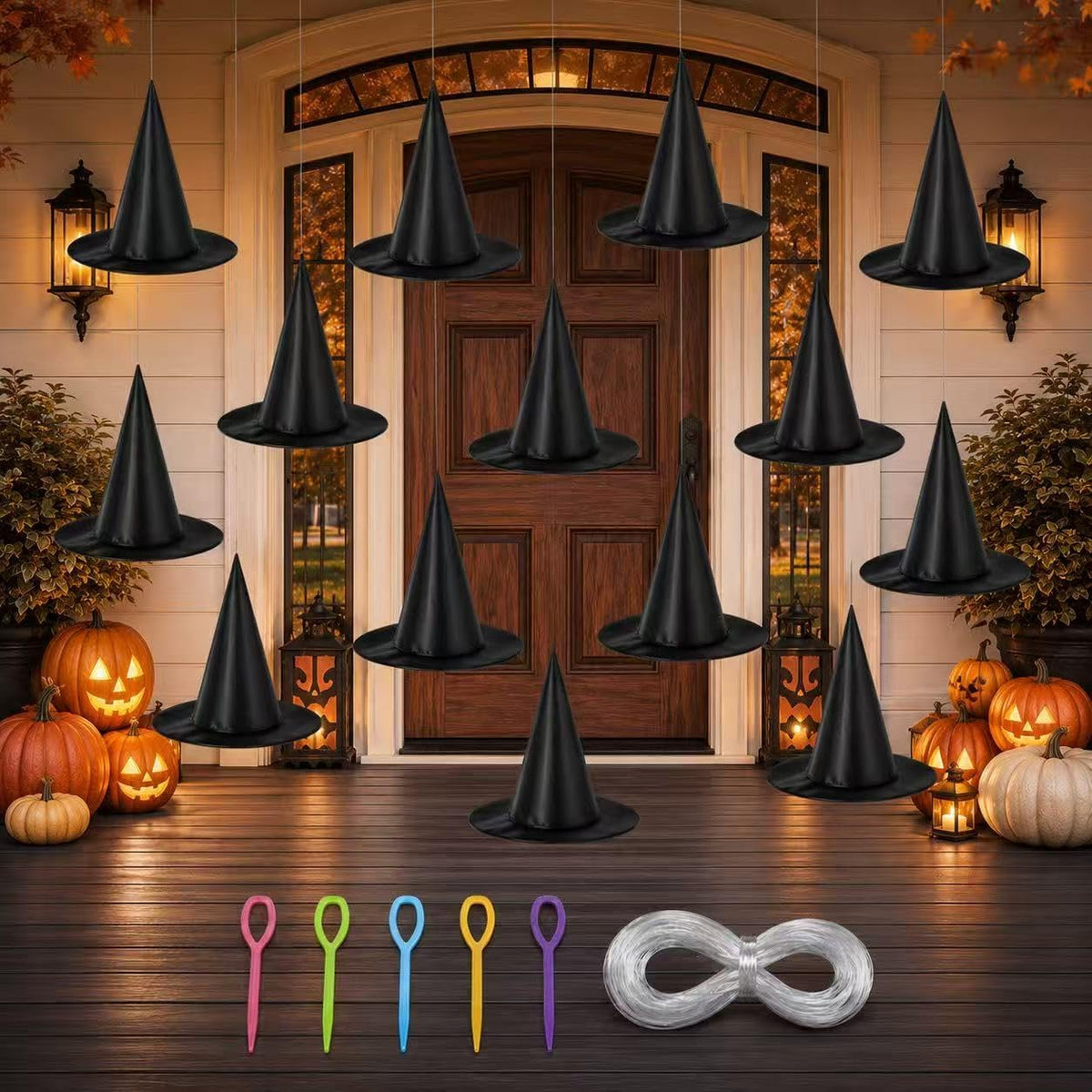 13PC Hanging Witch Hats, Indoor Outdoor Porch Halloween Decor