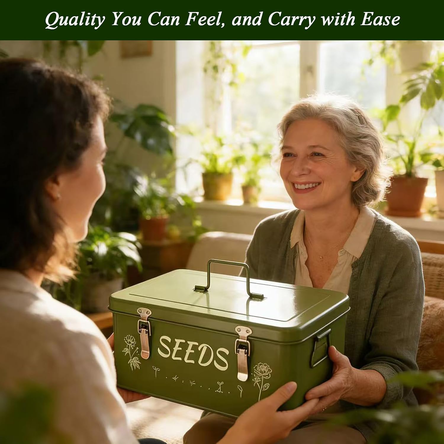 VerdantVibes Metal Seed Storage Organizer Box - Large Galvanized Seed Bin with 50 Vials, 50 Envelopes, Dividers &