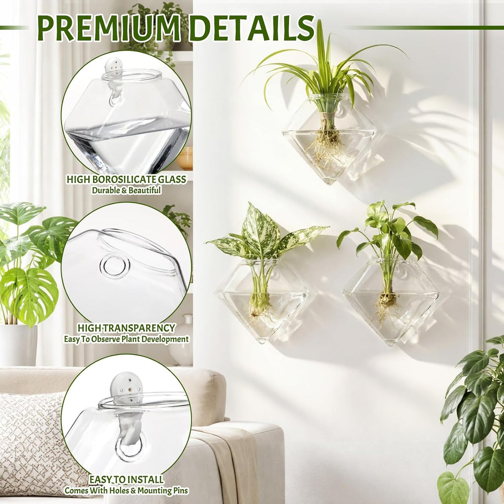 Yungyan 6 Pack Wall Mounted Glass Planter Borosilicate Glass Diamond Hanging Vase with Hidden Invisible Hook Hydroponic