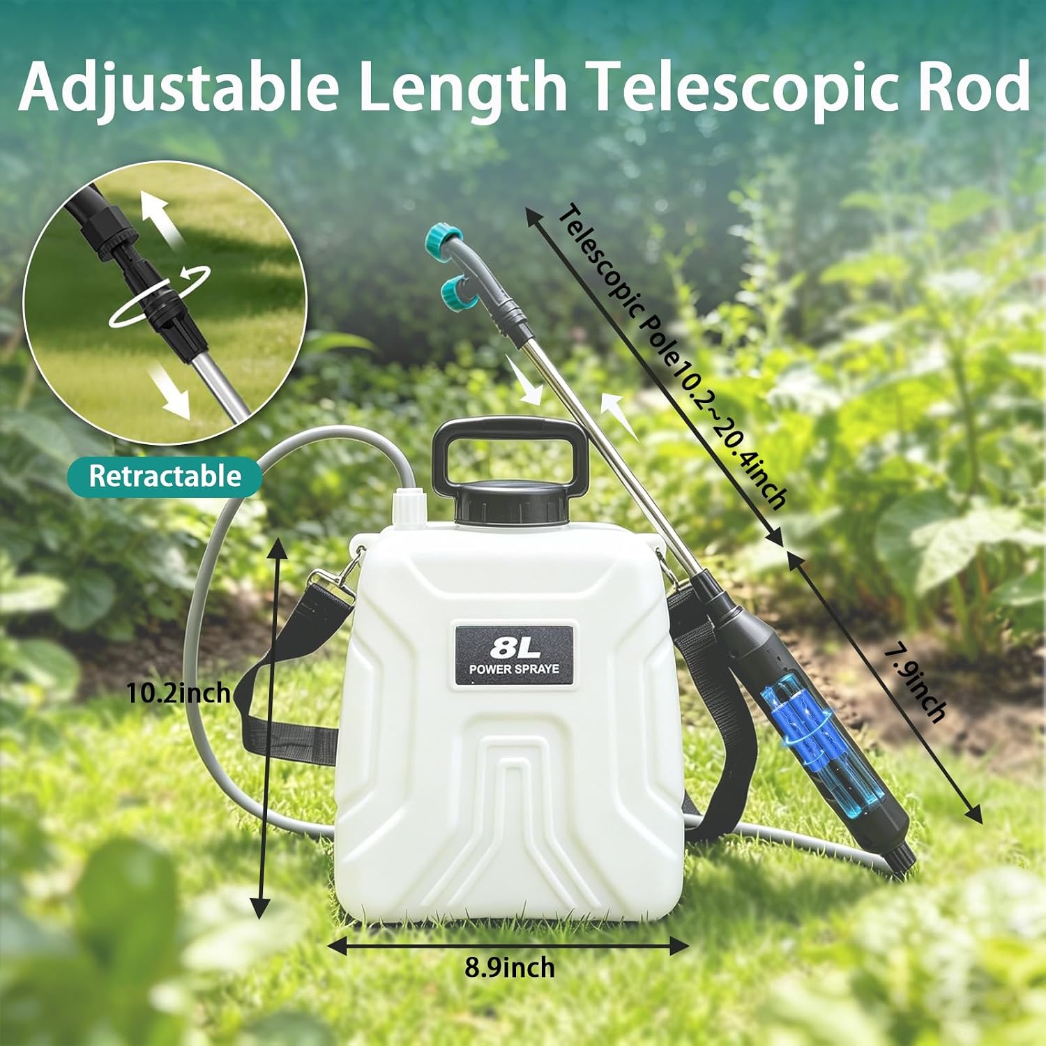 2 Gallon Battery Powered Sprayer, 2000mAh Electric Power White Continuous Battery Operated misting Retractable