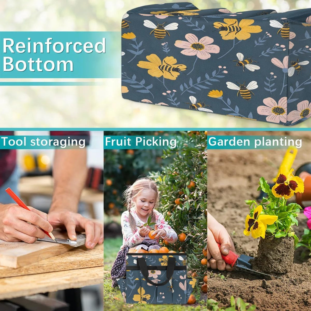 Garden Tote Bag with Pockets Bee Flower Gardening Bags for Tools Organizer Heavy Duty Storage Bag with Handle for Lawn
