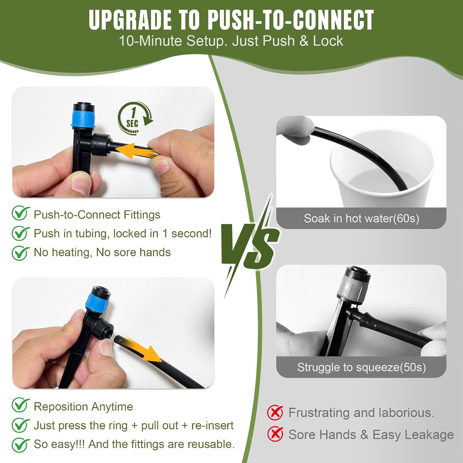 Push-to-Connect Drip Irrigation System Kit, 2-Zone Garden Watering System with 50FT 1/2" Mainline, Leak-Resistant Quick