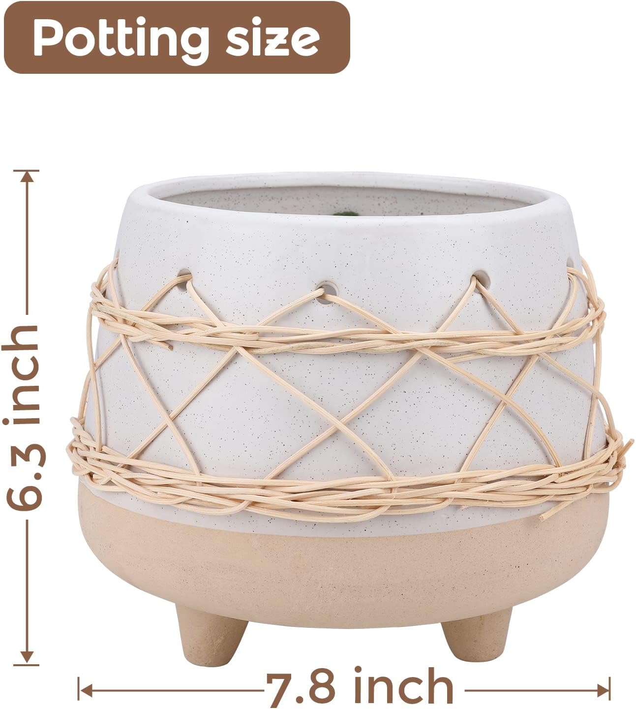 8 in Ceramic Planter Pot for Indoor & Outdoor Plant, Flower | Modern Rattan Accent Design, Mid-Century Planter with