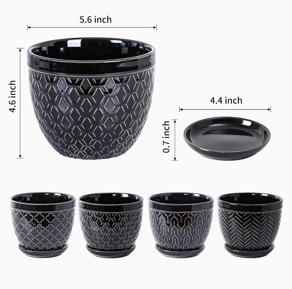 Sureasy Ceramic Indoor Plant Pots - 5.6 Inch Flower Pots for Plants with Drainage Hole and Saucer, Embossed Planter for
