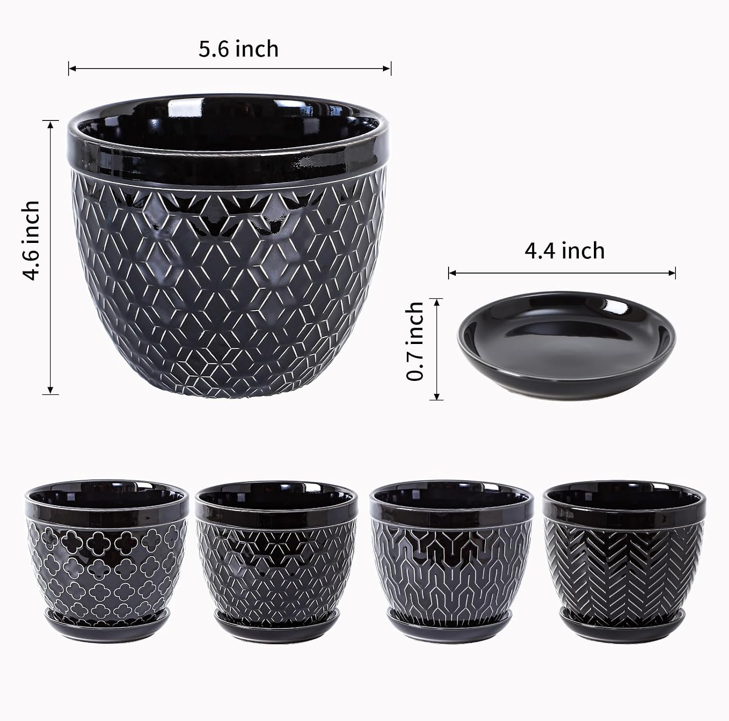 Sureasy Ceramic Indoor Plant Pots - 5.6 Inch Flower Pots for Plants with Drainage Hole and Saucer, Embossed Planter for