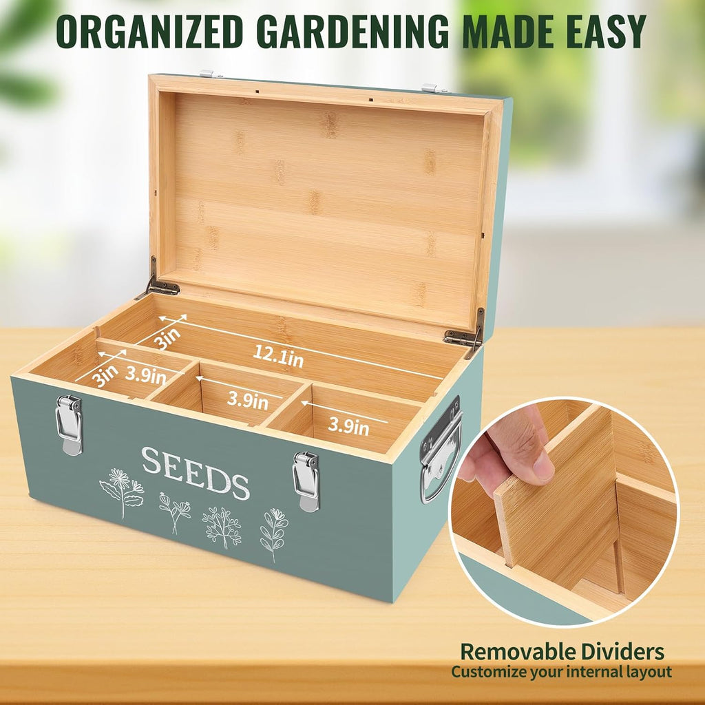 Large Bamboo Wood Seed Storage Organizer Box with Lid, Double-Layer Seal Design Seed Saving Box with 304 Stainless