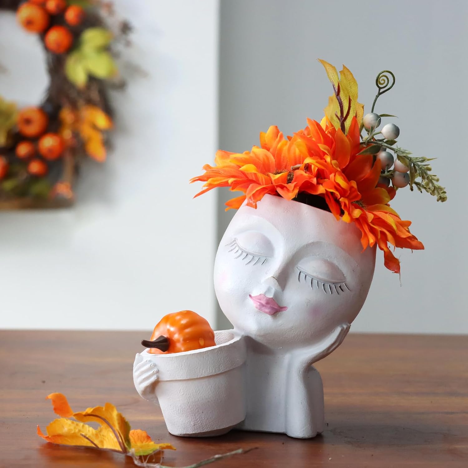 Face Planter Pot, 2-in-1 Resin Head Planter with Mini Pot, Cute Lady Flower Pots with Drainage for Indoor Outdoor