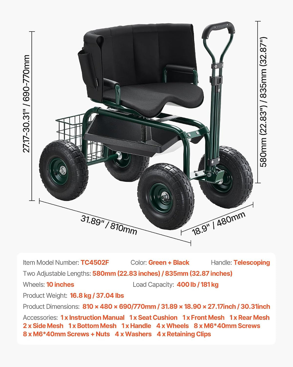 VEVOR Garden Seat with Wheels, Rolling Garden Stool with Height Adjustable & 360° Swivel Seat, 400lbs Weight Capacity