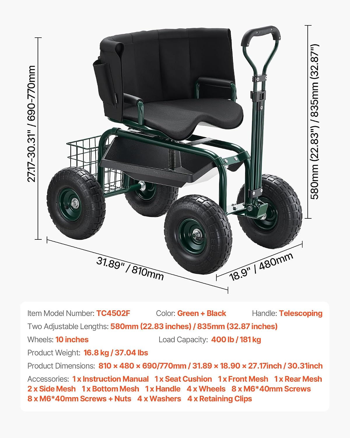 VEVOR Garden Seat with Wheels, Rolling Garden Stool with Height Adjustable & 360° Swivel Seat, 400lbs Weight Capacity