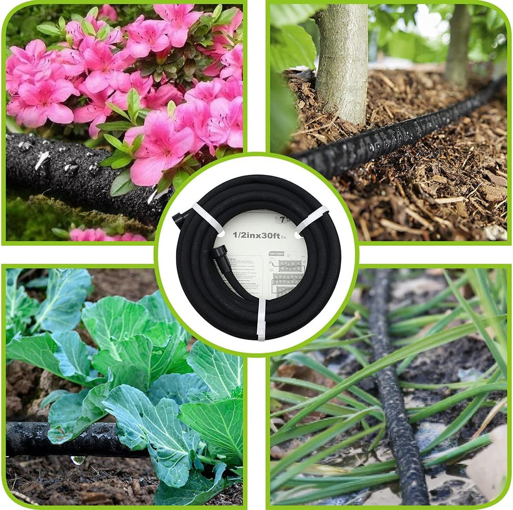 Short Soaker Hose 15ft -5/8 Round Rubber Garden Soaker Hoses, Heavy Duty Irrigation Drip Hose, Durable Seeper Water