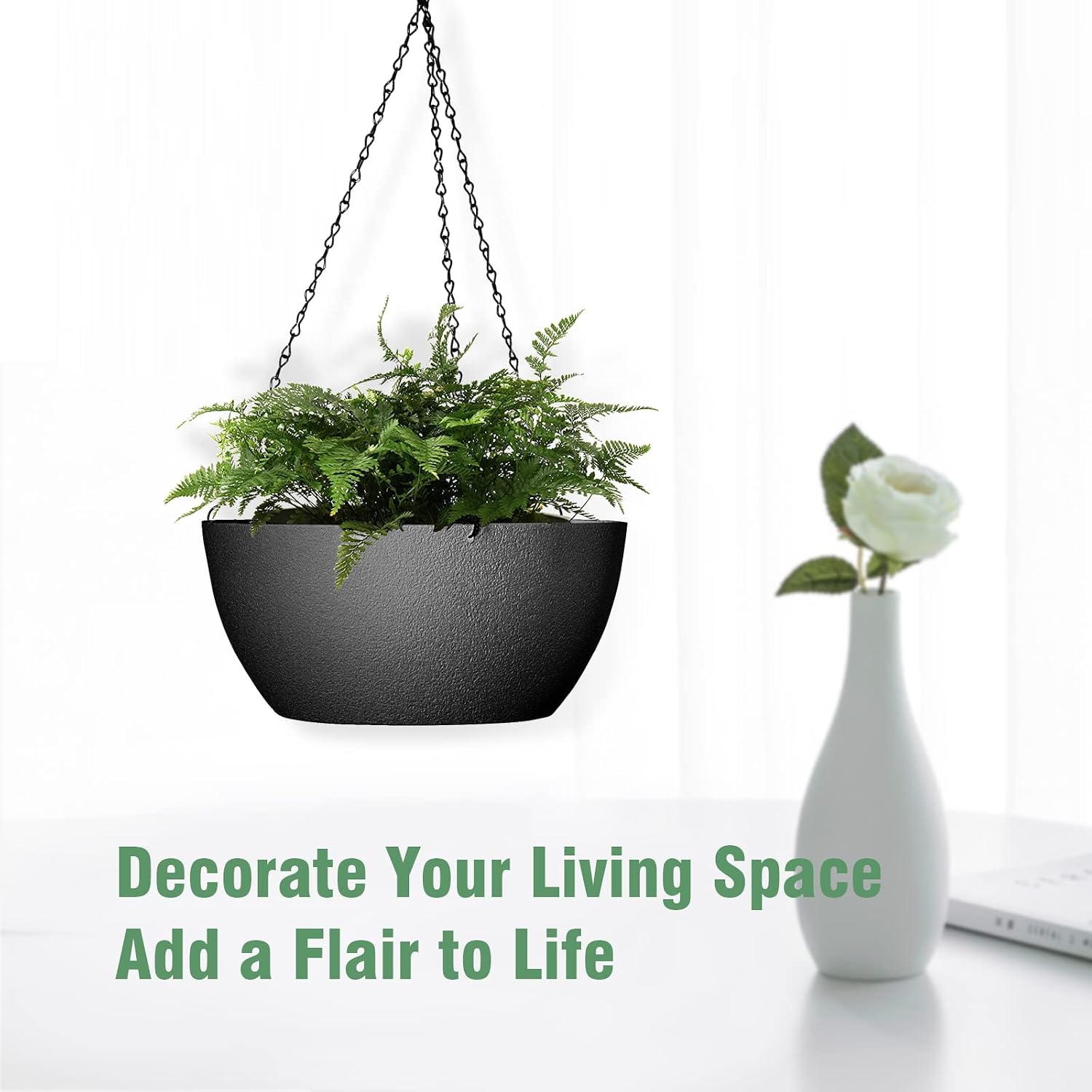 WSMKSZ 13 inch Large Hanging Planters Plant Pots for Outdoor Indoor Plants with Drainage Holes and Chain, 2 Pack Round