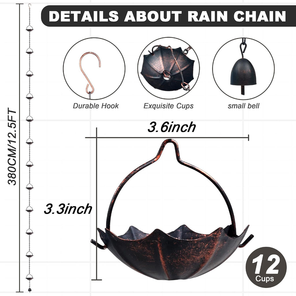Invech Adjustable Rain Chains for Gutters, 12.5FT Outside Rain Chains with 12 Cups, Umbrella Shaped Rain Catcher Chain