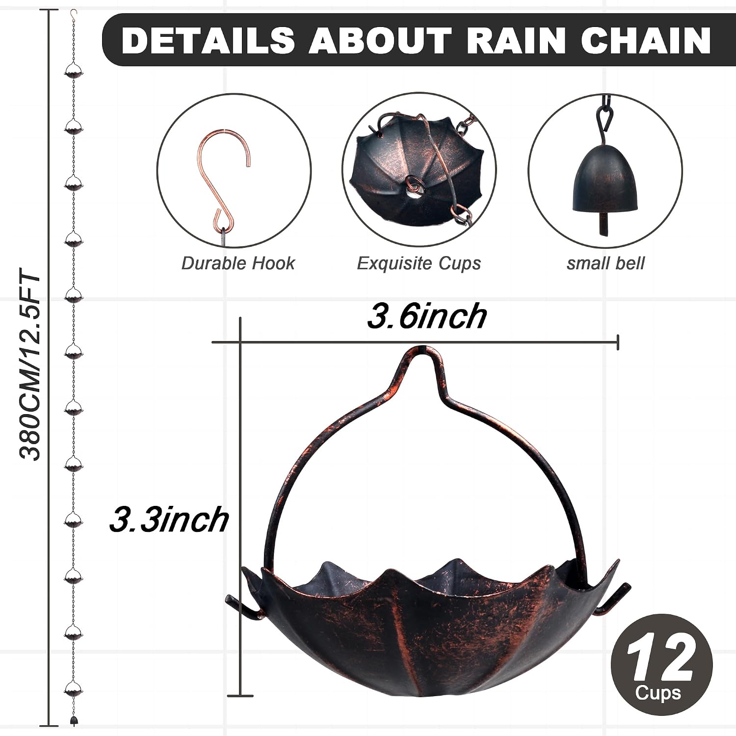 Invech Adjustable Rain Chains for Gutters, 12.5FT Outside Rain Chains with 12 Cups, Umbrella Shaped Rain Catcher Chain