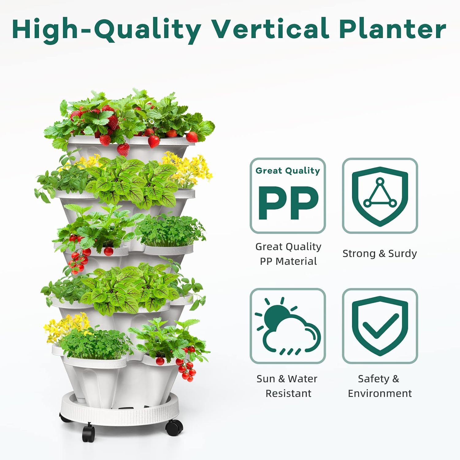 Strawberry Vertical Planters, 3 Tiered Stacking Tower Garden, Stackable Herb Vegetable Planters with Movable Casters