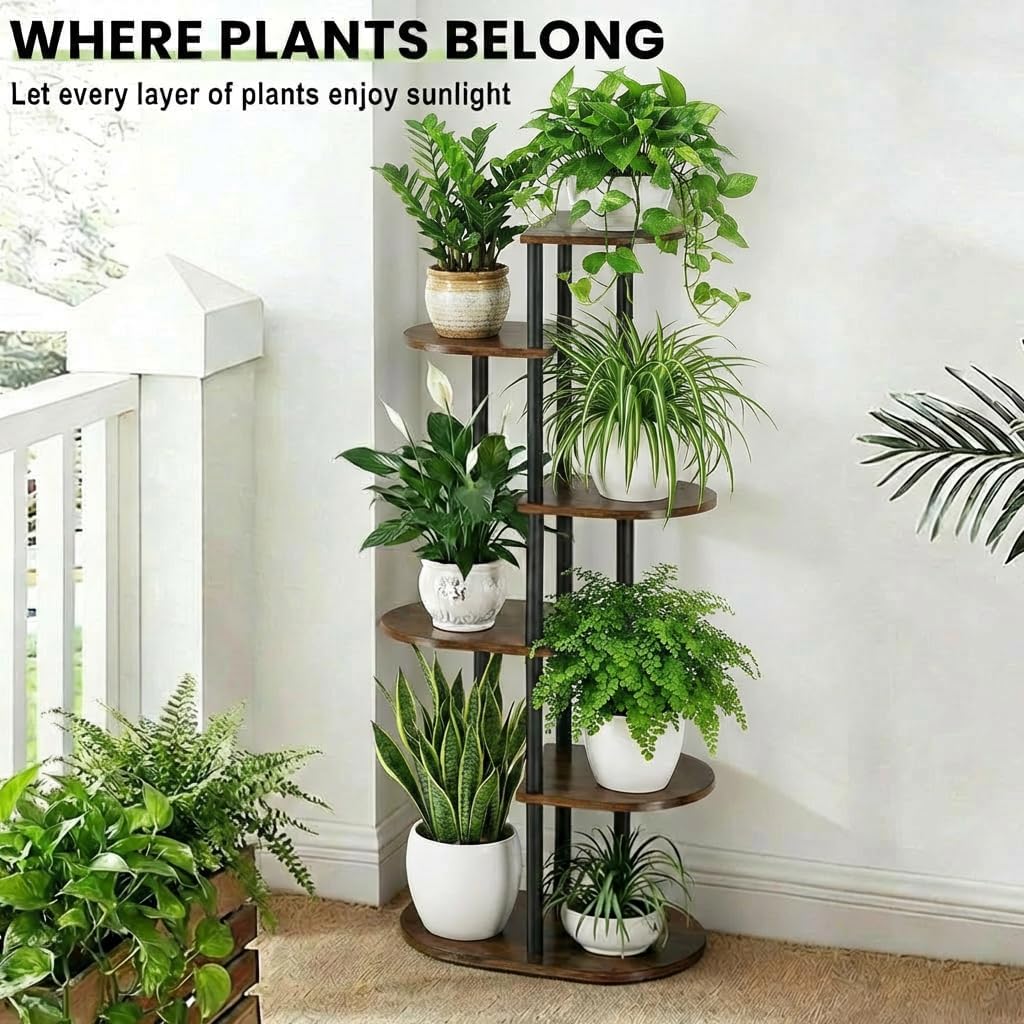 Tiered Plant Stand Indoor, Tall 6 Tier 7 Potted Wooden Plant Shelf for Multiple Flower Plants, Multi Corner Metal Plant
